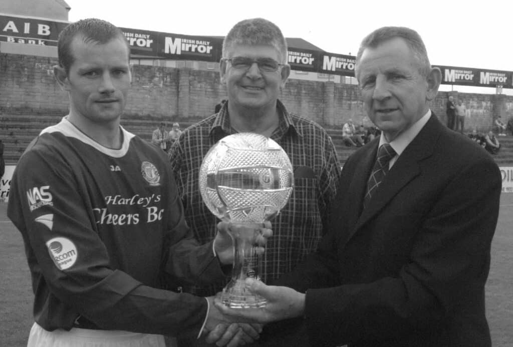 Jonathan Minnock Record Appearance Holder for Finn Harps- Presentation by Jim Sheridan former record holder. Also in picture Sean Quinn (Chairman)