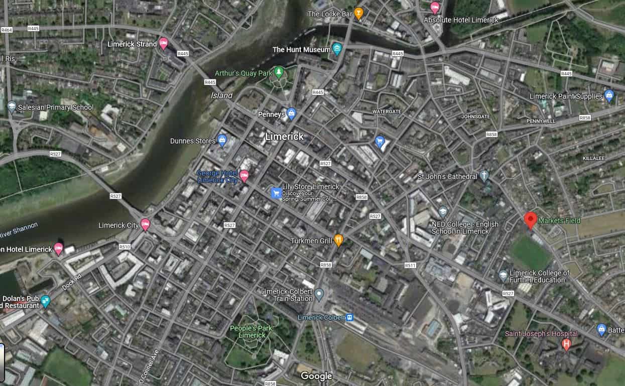 Map showing Markets Field and surrounding area in Limerick