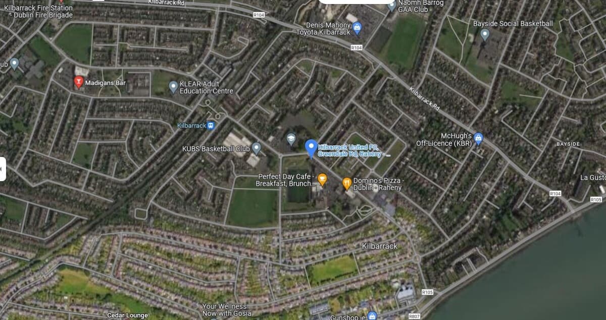 Map of area showing Ground, Kilbarrack Station and nearest pub