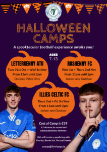 Graphic promoting Halloween football camps with pumpkin shapes and photos of two Finn Harps players
