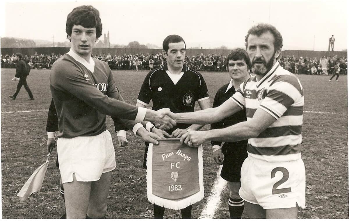 Captains Exchange Pennants Eddie McGinley and Danny McGrain at Harps v Celtic in 1983