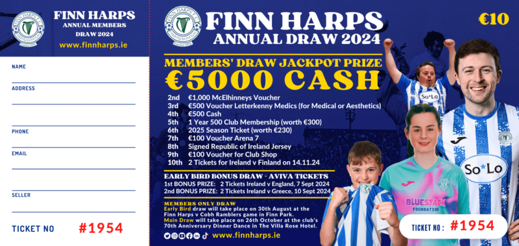 Finn Harps 2024 Annual Draw ticket showing list of prizes