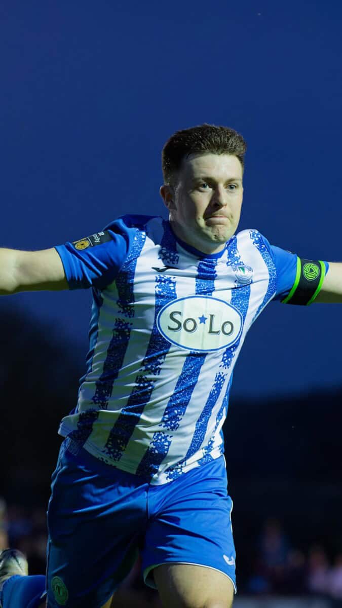 BALLYBOFEY, IRELAND - MAY 3 2024: Tony McNamee, captain of Finn Harps celebrates his goal against Treaty United during the SSE Airtricity League of Ireland Men’s First Division match between Finn Harps and Treaty Utd at Finn Park in Ballybofey, Donegal. (Photo by Clare McCahill)