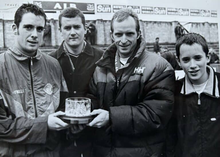 Chris McNulty (right) with Ciaran Bovaird and John Tinney present Fergal Harkin with the Player of the Year Award from the St Johnston Finn Harps Supporters Club